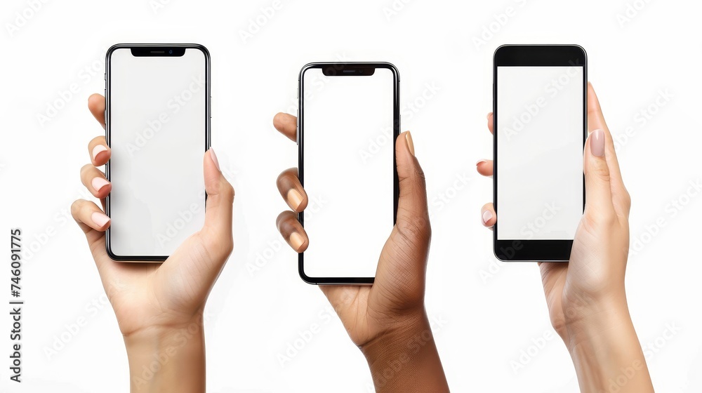 Poster isolated set of hands holding smartphones with blank screens presented in different orientations. bl