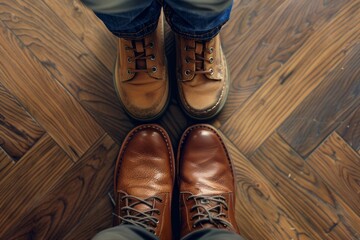 Brown shoes with brown background, father and son, father's day - obrazy, fototapety, plakaty
