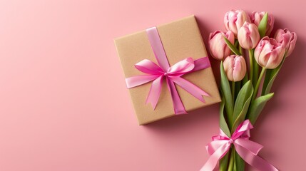 An isolated pastel pink background with copyspace is used to illustrate a stylish pink giftbox with ribbon bow and tulips on Mother's Day.