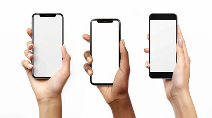 Isolated set of hands holding smartphones with blank screens presented in different orientations. Black lady with cell phone, browsing the web, presenting free copy space. - obrazy, fototapety, plakaty