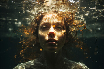 Beautiful woman underwater in a dress. Woman underwater. Woman near the surface of the water. Woman in a dress swims out of the depths of the sea. - 746091779