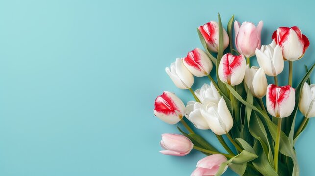 Photo of bouquet of white and pink tulips on a pastel blue background with copyspace for Mother's Day.