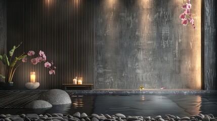 3D rendering of a spa room with candles and stone walls