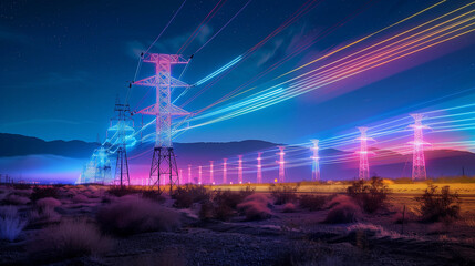 Image features a row of electricity pylons in a desert setting, illuminated by vibrant neon light trails against a night sky sprinkled with stars, creating a scene that blends technology with fantasy