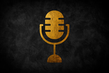 Flat icons for Microphone, Gold color, vector illustrations on abstract black background.