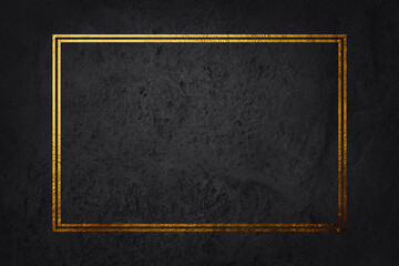 Gold shiny glowing vintage frame with shadows isolated on black background. Golden luxury realistic rectangle border. Vector illustration.