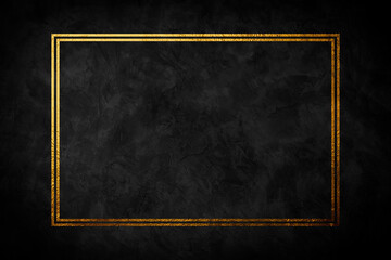 Gold shiny glowing vintage frame with shadows isolated on black background. Golden luxury realistic rectangle border. Vector illustration.