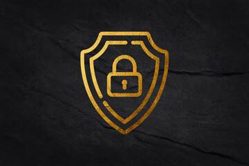 Gold lock icon concept. Padlock for arcade and video games. Interface for mobile apps and programs. Graphic element for website. Isometric vector illustration isolated on dark background.