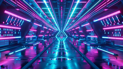 This image features a breathtaking view of a futuristic interior lit with vibrant pink and blue neon lights, bright reflection on the glossy floor leading the eye to a vanishing point in distance