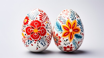 Colorful painted easter eggs with floral ornament on white background. Greeting card on an Easter theme. Happy Easter concept.
