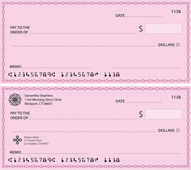 Blank template of the bank check. Checkbook cheque page with empty fields to fill