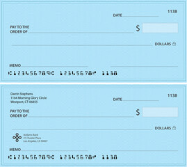 Blank template of the bank check. Checkbook cheque page with empty fields to fill