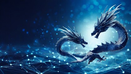  Dragons volants abstraits sur fond bleu foncé
