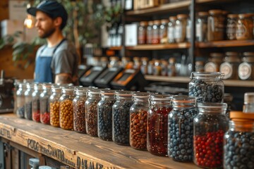 A focused barista stands behind neatly arranged jars of coffee beans at a cozy, artisanal coffee shop