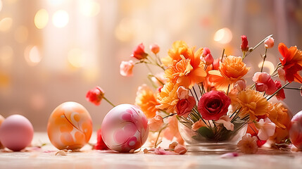 Easter eggs and spring yellow and orange flowers on a light background with bokeh. Greeting card on an Easter theme. Happy Easter concept.