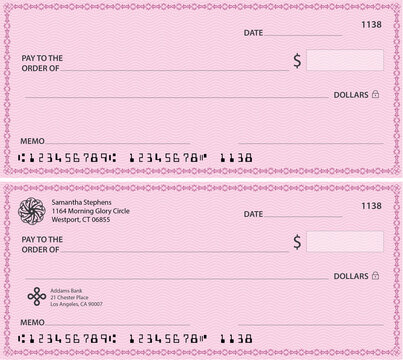 Blank template of the bank check. Checkbook cheque page with empty fields to fill