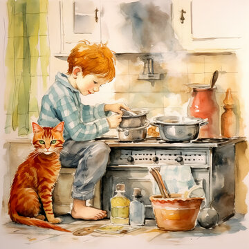 Watercolor vintage illustration for a children's book about two red-haired friends - a boy and a cat. A boy cooks in the kitchen, a cat helps.