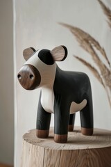 Wooden toy in the shape of a cow in varnish and semi-matte black. Toy cow design with organic simplicity. Innovative trend of toy cows with soft curves and delicate details.