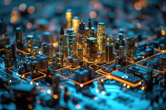 A conceptual visualization of a smart city with glowing structures on a digital circuit board, symbolizing urban technology integration concept. AIG41