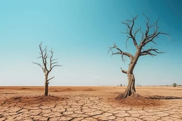 Foto auf Alu-Dibond Stark dead trees stand in a desolate cracked earth landscape, symbolizing severe drought and environmental degradation. Dead Trees in Arid Landscape © Оксана Олейник