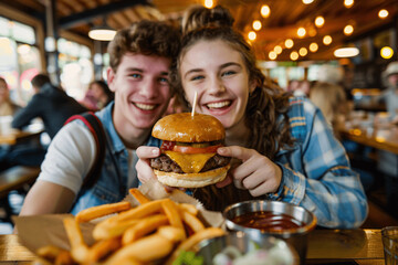 A happy couple taking selfies on a smartphone in a burger pub restaurant, surrounded by a lively atmosphere of young people relaxing for lunch in a cafe bar.