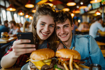 A happy couple taking selfies on a smartphone in a burger pub restaurant, surrounded by a lively atmosphere of young people relaxing for lunch in a cafe bar.