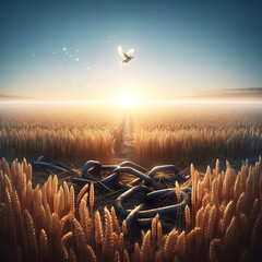 Golden wheat field at sunrise with a peaceful dove ascending towards the light, embodying hope and harmony amidst nature.