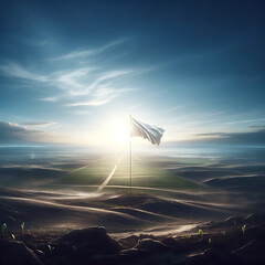 A solitary flag billows against a breathtaking sunrise, symbolizing hope, new beginnings, and the dawn of opportunity
