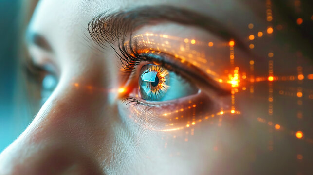 Close up of female eye with laser beam projection. Eyesight vision correction concept