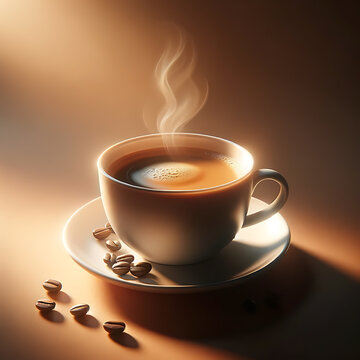 A steaming cup of coffee with a creamy surface sits on a saucer surrounded by scattered coffee beans, bathed in warm, inviting light.
