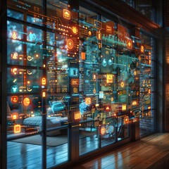 Futuristic bedroom with transparent smart wall displaying data and holographic interfaces.
