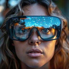 Close-up of a woman wearing oversized sunglasses reflecting a starry sky and cityscape at twilight.