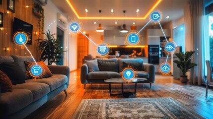 Modern smart home interior with digital interface icons and cozy lighting. - obrazy, fototapety, plakaty