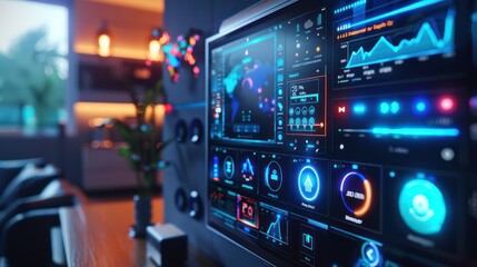 Modern home automation dashboard on a digital tablet with smart home control icons in a living room setting.