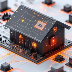 3D illustration of futuristic microchip processor with glowing elements, concept for technology and computing.