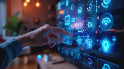 Person interacting with futuristic touchscreen interface with digital icons for technology and connectivity concepts.