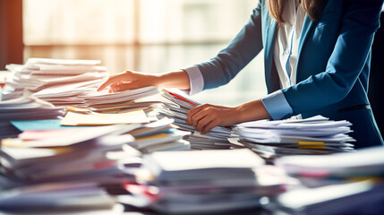 Woman working with documents files. Stack of paper sheets on a work desk. Business law taxes - obrazy, fototapety, plakaty