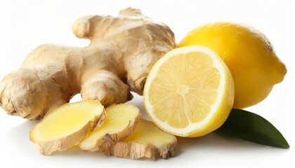 Generated image of ginger root and pieces of fresh lemon on white background