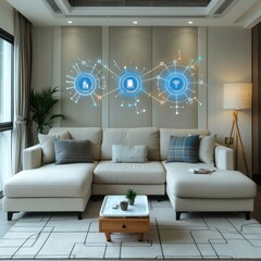 Modern living room with smart home interface technology concept displayed on wall above sofa.