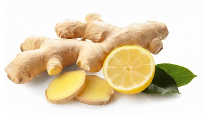 Generated image ginger root and pieces of fresh lemon on white background
