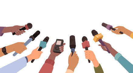 Journalist hand holding microphones performing interview. Vector illustration of microphone for breaking news, broadcasting live. Audience, reportage and communication