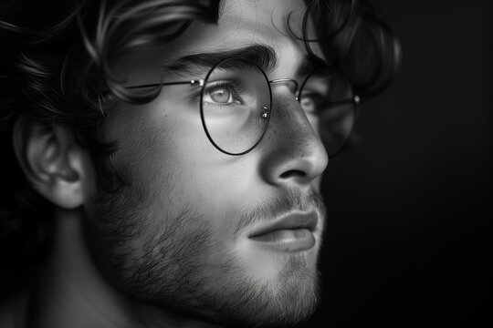Handsome man in spectacles, portrait, black and white 