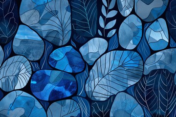 a drawing of rocks and plants on a blue background, abstract design. blue, abstract design