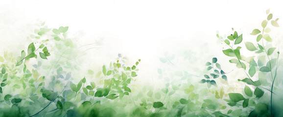 Green foliage, grasses, leaves in artistic, watercolor-style. Spring background branches and texture., muted green colored banner, card, banner.