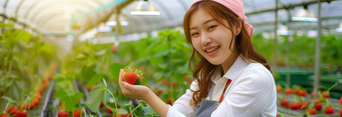 Asian woman picking strawberries in a greenhouse.