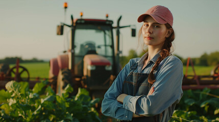 Caucasian female farmer in overalls Standing in front of a tractor in a vegetable field.