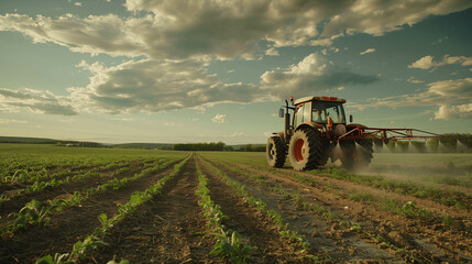 A tractor is spraying pesticides on a vegetable field.