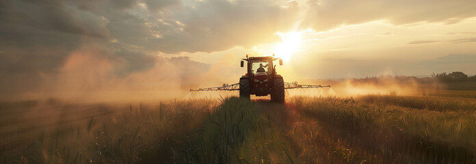 A tractor is spraying pesticides on a vegetable field. - obrazy, fototapety, plakaty