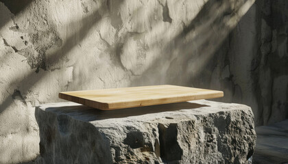 Cutting board floating above a grey concrete slab, cutting board falling on a grey stone, 