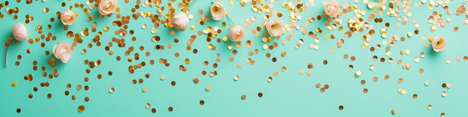 golden confetti with flowers on mint background.